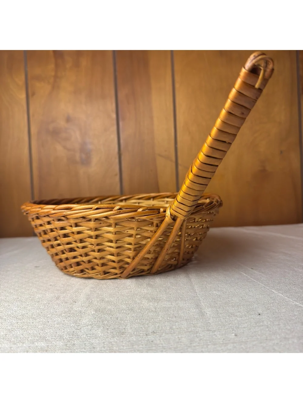Vintage Wicker Serving Basket With Long Handle Round Handwoven Farmhouse Decor